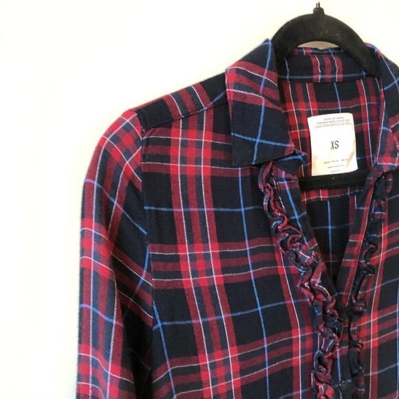 Zara Ruffle Trim Plaid V-neck Button Down - Picture 3 of 6